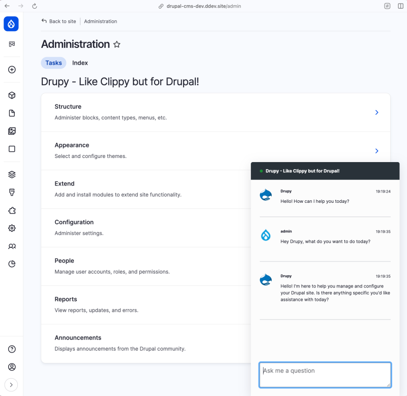 Screenshot of Drupal admin UI with AI assistant chat bot configured