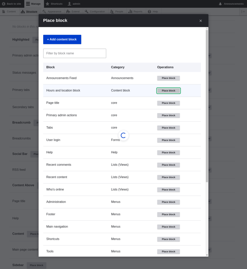 Block configuration page