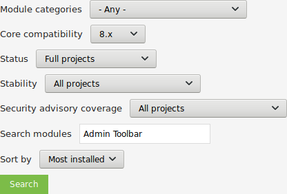 Filters on the module search page on Drupal.org