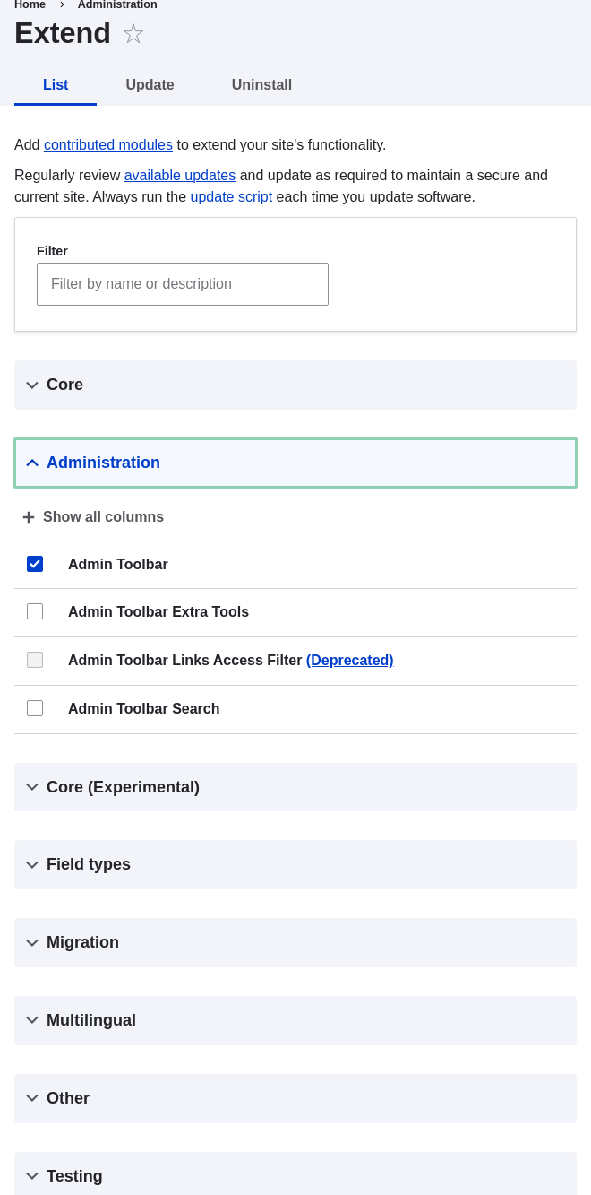 Installing Admin Toolbar module