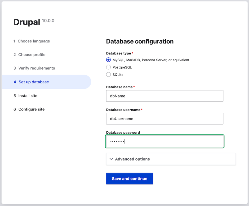 Database configuration form