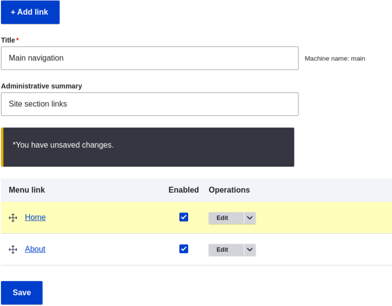Reordered menu links with warning message about unsaved changes and the Save button