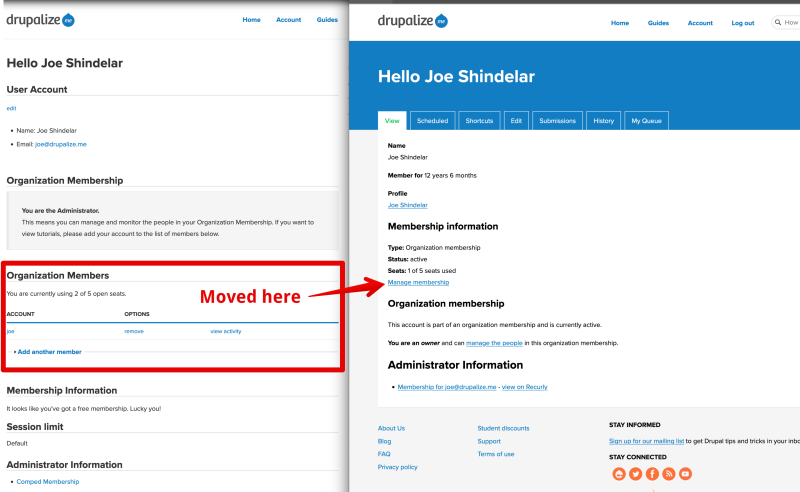 Screen shot of comparison of old versus new access to Group management