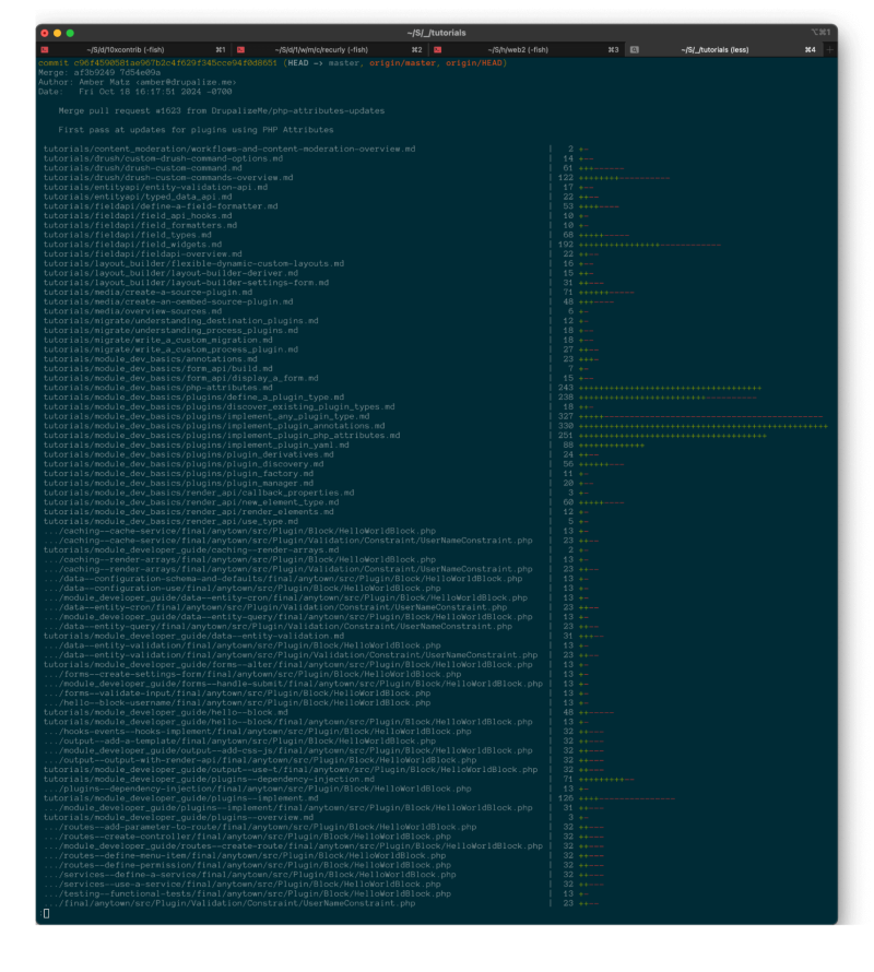 Screenshot showing an output of git diff --stat, listing all of the tutorials that were changed in this update.