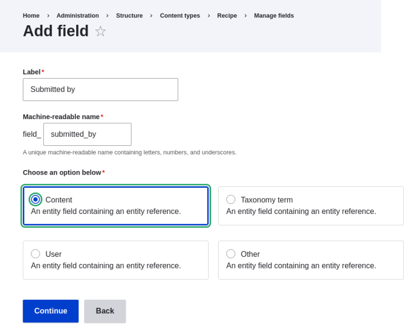 Adding a reference field to a content type