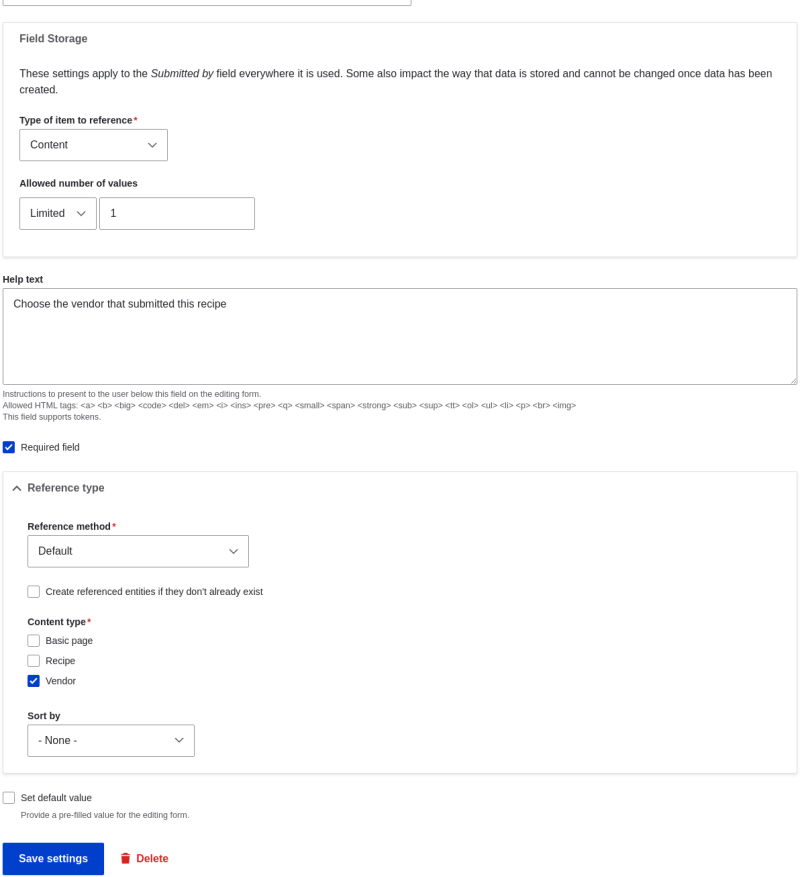 Settings for a reference field