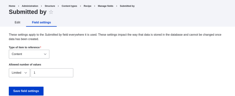 Storage configuration of a reference field