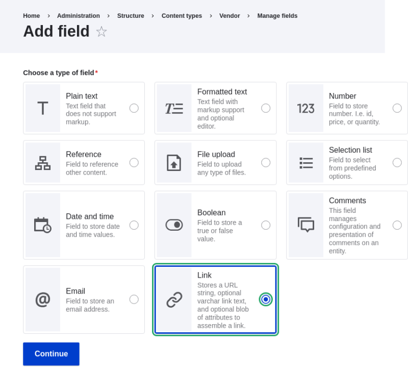 Add field page to choose field type