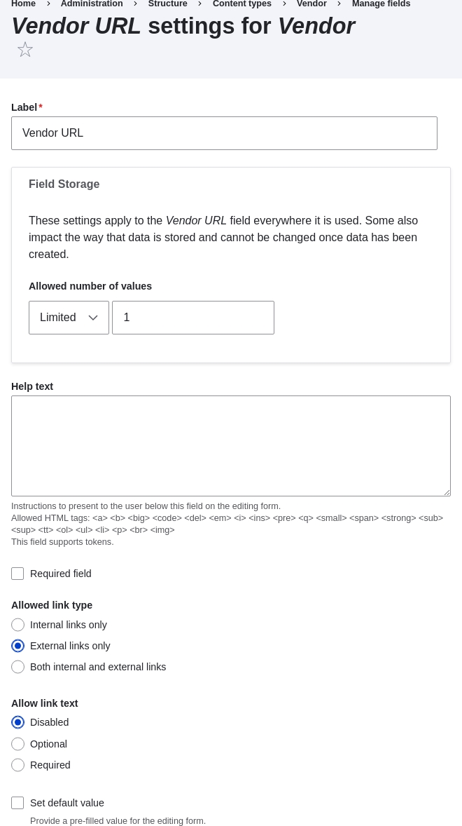 Field settings page for Vendor URL