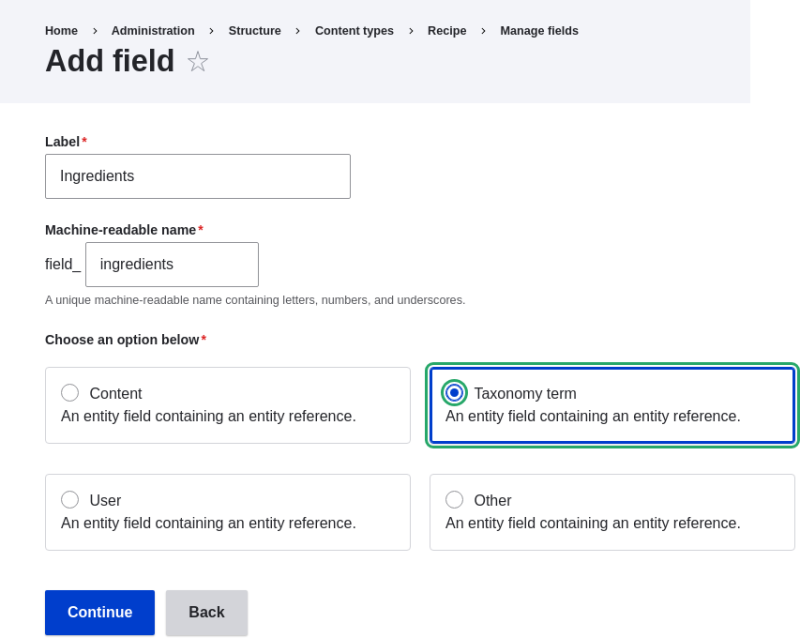 Settings for Ingredients field