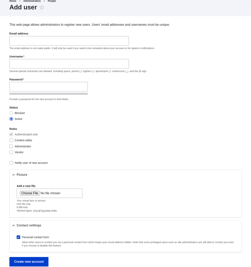 Form for creating a new user account