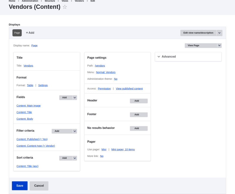 Vendors view configuration page